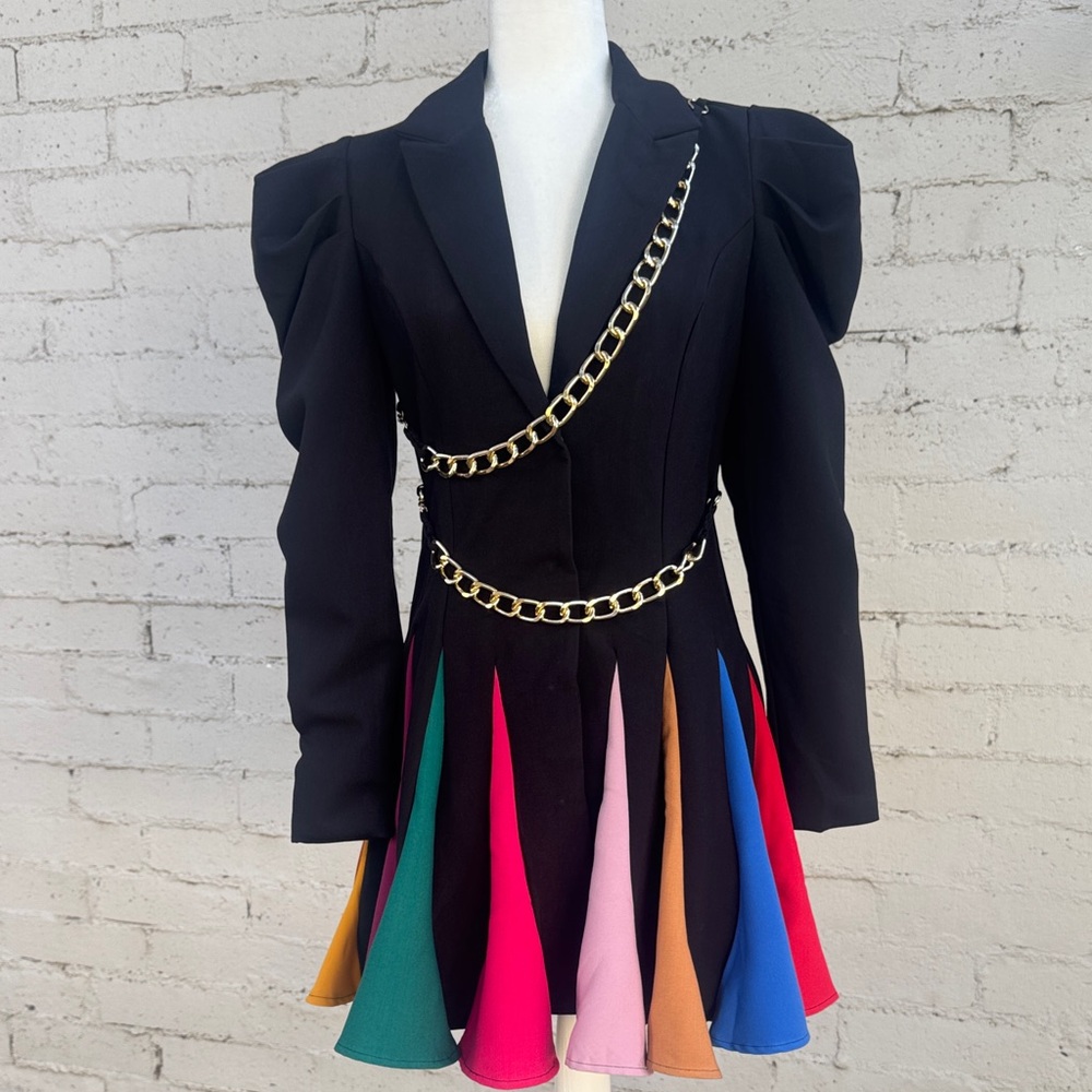 L'ATISTE by Amy Black Coat Dress Rainbow Pleated Skirt Gold Chains Size S - Picture 3 of 16